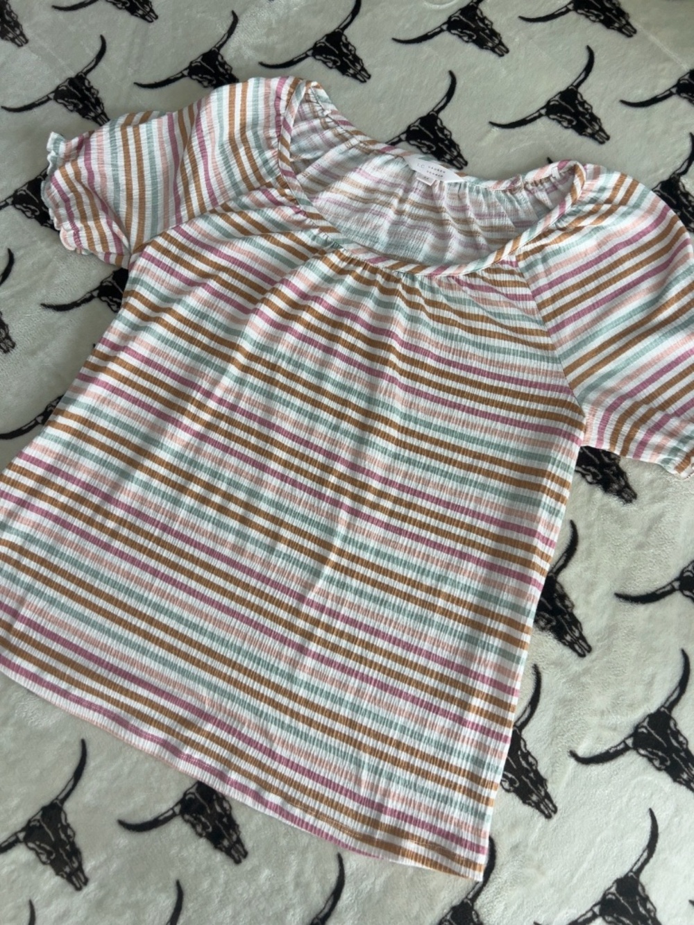 LC Lauren Conrad Striped Puff Sleeve Top Size M Pink Green Brown
